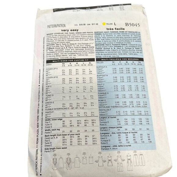 Butterick B5045 Womens Sewing Pattern For Misses Cover-Up Top Tunic Dress & Pant - Picture 2 of 2